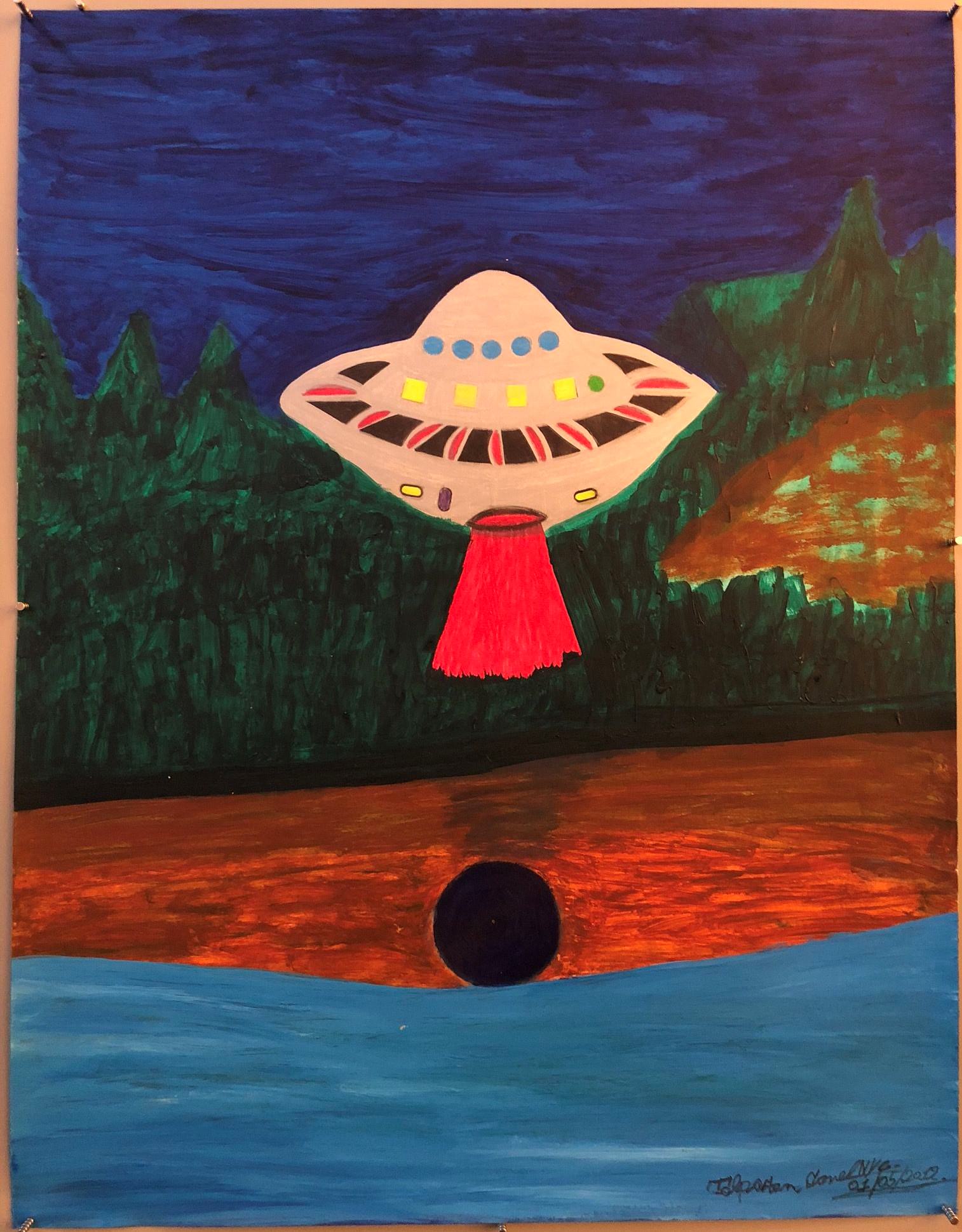 Ionel Talpazan - UFO landing by forest beaming red light – Poster