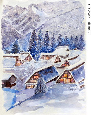 冬の五箇山 白川郷の水彩画のイラスト素材 [7052313] - PIXTA