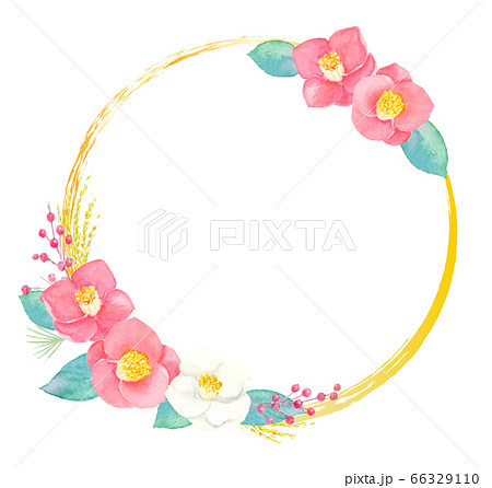 椿の花の円フレーム 水彩イラストのイラスト素材 [66329110] - PIXTA