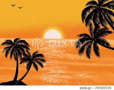 夕日が沈む綺麗な海とヤシノキの風景のイラスト素材 [78500539] - PIXTA