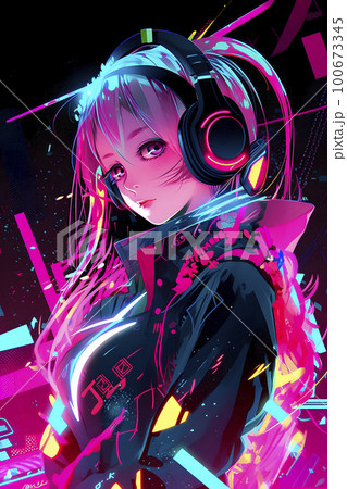 サイバーパンク風 ネオンカラーが美しい少女 アニメ風「AI生成画像」の