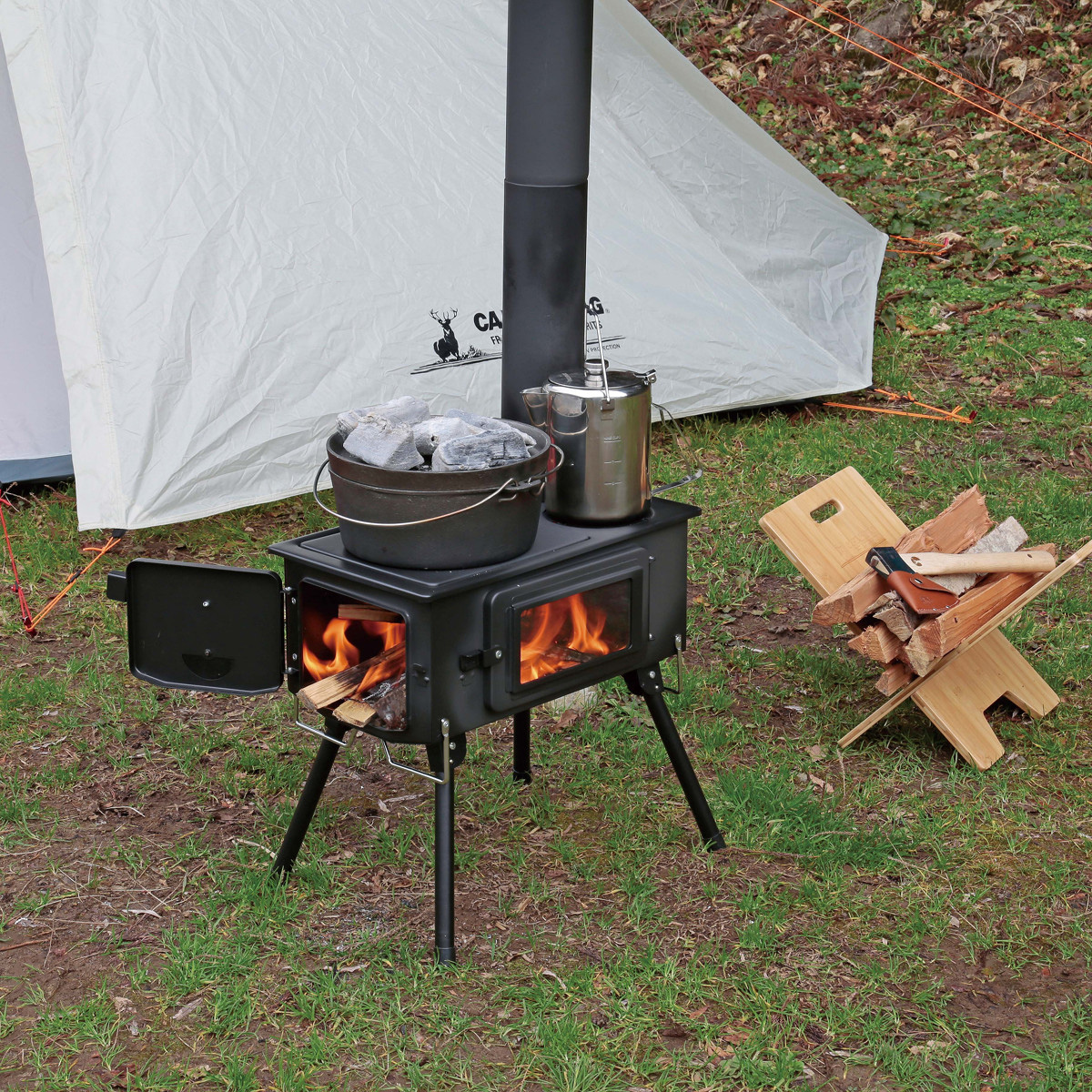 KAMADO（かまど）煙突ガラス窓付角型ストーブ - アウトドア・キャンプ