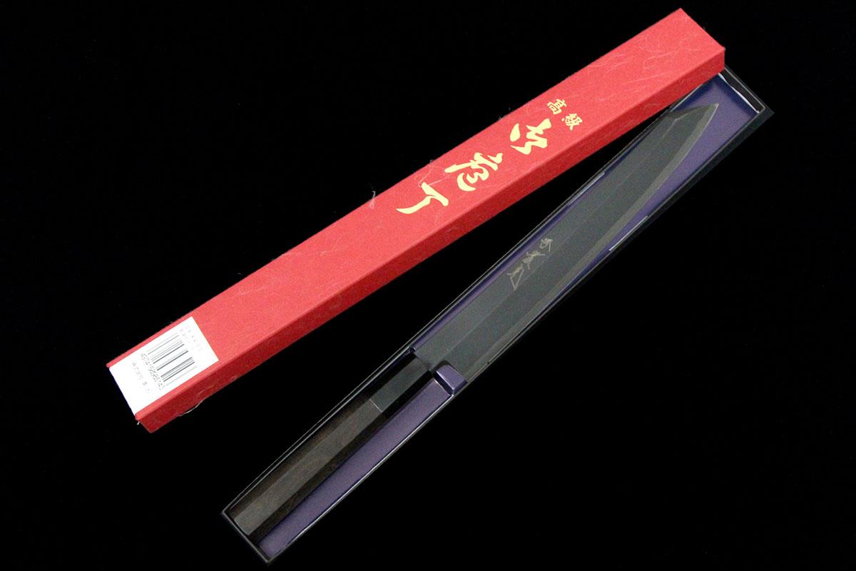 切付型柳刃包丁 霞 八寸 銀三 黒染 銀座 黒檀柄 箱付 KN02-A8363-2L2B