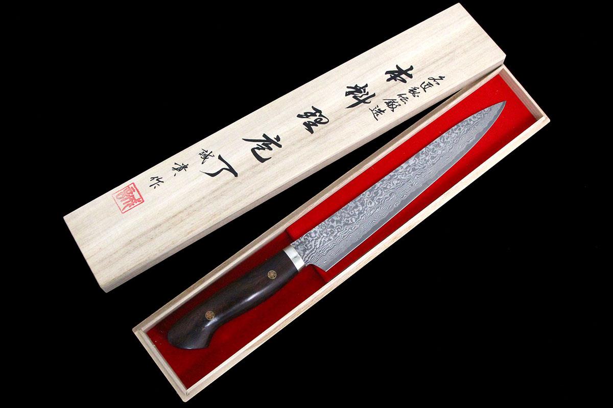 筋引包丁 210mm ダマスカス 粉末ハイス鋼 アイアンウッド柄 桐箱付