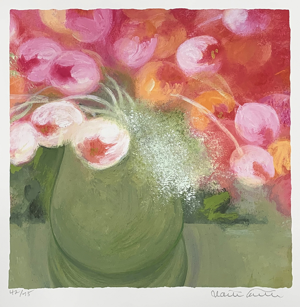 ジニー・キム 絵画 (版画/ジクレー) チューリップとオリーブ色の花瓶