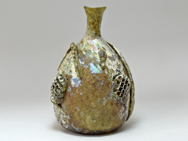 1908】古代ローマングラス装飾付濃厚銀化瓶 ボトル(高さ約9.0Cm