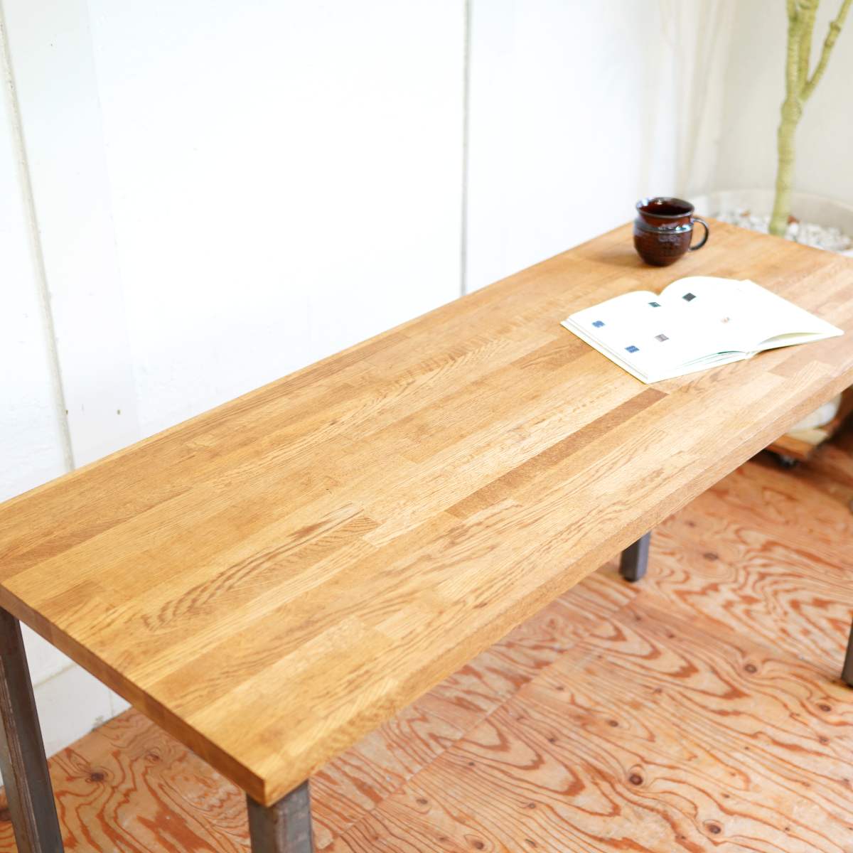オーク無垢材×スチール脚 デスク ロングテーブル カウンター 作業台