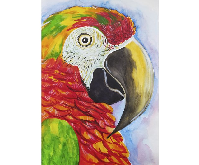 ロシア 赤いオウムコンゴウインコ水彩画アート絵画動物の鳥オリジナル