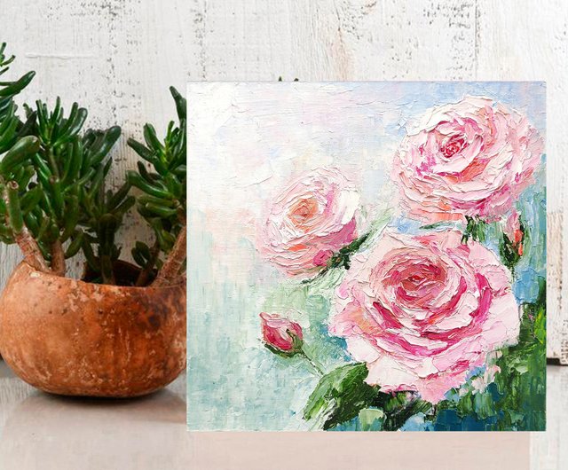 10%OFF】ロシア ピンクのバラの花束オリジナル油絵花の壁アート手工