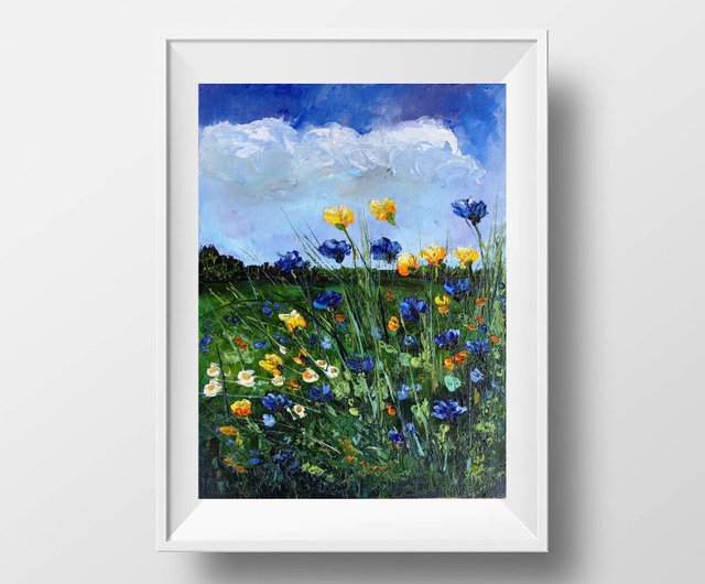 ロシア 野の花の油絵 草原の油絵 オリジナルアート 油絵原作 風景画