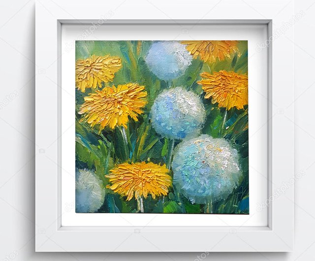 ロシア 花の油絵、 タンポポの花の壁画、 インパストキャンバス絵画