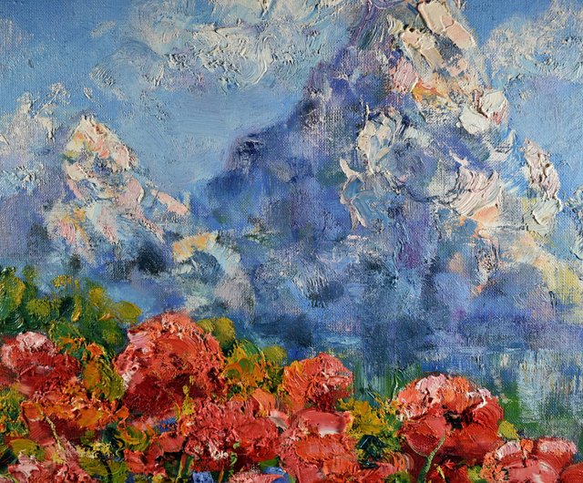 送料無料】ロシア 山の風景 ポピー 絵画 オリジナルアート 自然 印象派