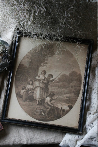 1820年代黒の額縁がかっこいい古い絵 イタリアアンティーク雑貨