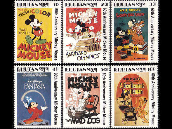 ディズニー ミッキーマウス（ブータン 1989年）の外国切手6種（未使用）