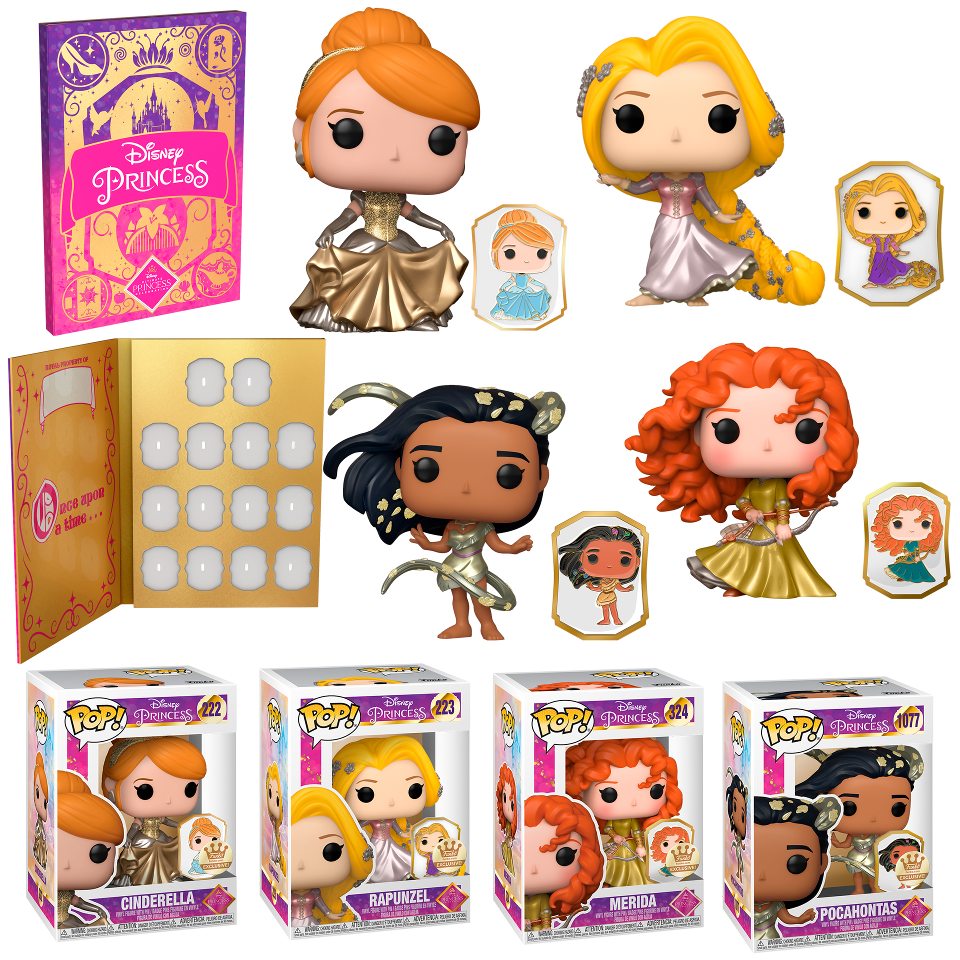 DISNEY PRINCESS EXCLUSIVE GIFT SET - 4 Funko Pops + 4 Pins + Pin