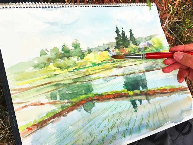 Eng sub ] Watercolor Tutorial | How to paint a landscape - Paddy