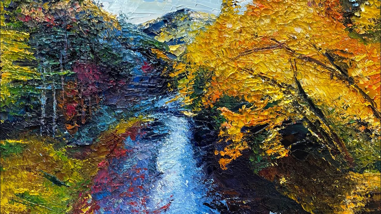 油絵 風景】紅葉の秋川渓谷の風景をペインティングナイフだけで描いて