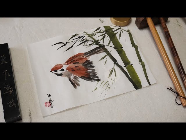 スズメと青竹の墨彩画・水墨画・Ink painting - YouTube