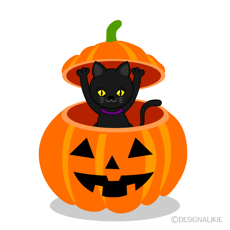 ひょっこり黒猫のハロウィンかぼちゃイラストのフリー素材｜イラスト