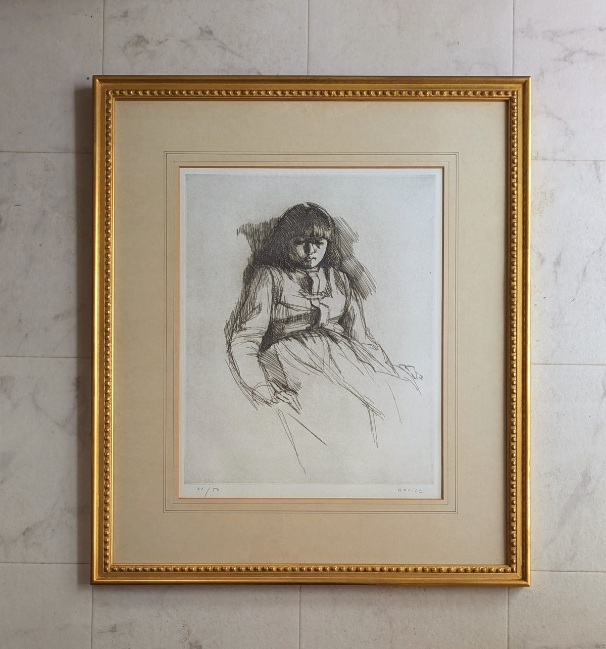 小磯良平 版画（エッチング） 「少女像」 高級額装 限定50部 自筆