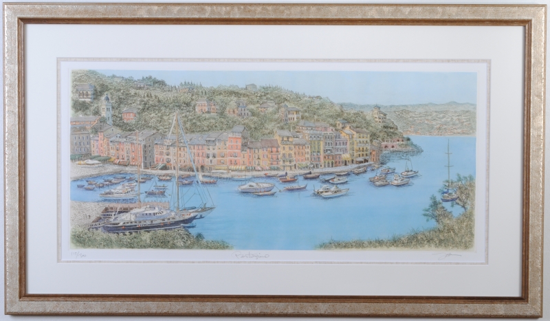 海の絵を銅版画で制作した織田義郎のイタリアの海の絵「ポルトフィーノ」