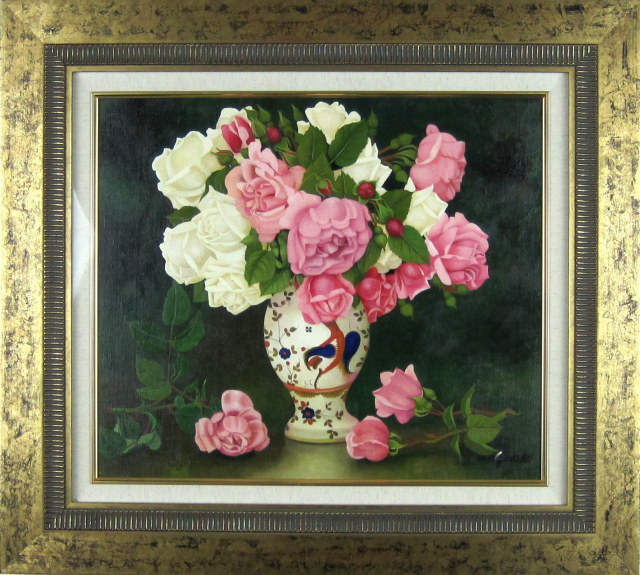 薔薇・絵画・志村好子「薔薇」（白とピンク）油彩画・ F10