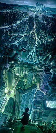 アニメの青い夜景も素敵なんですが、 こういった都会の夜景を緑で表現