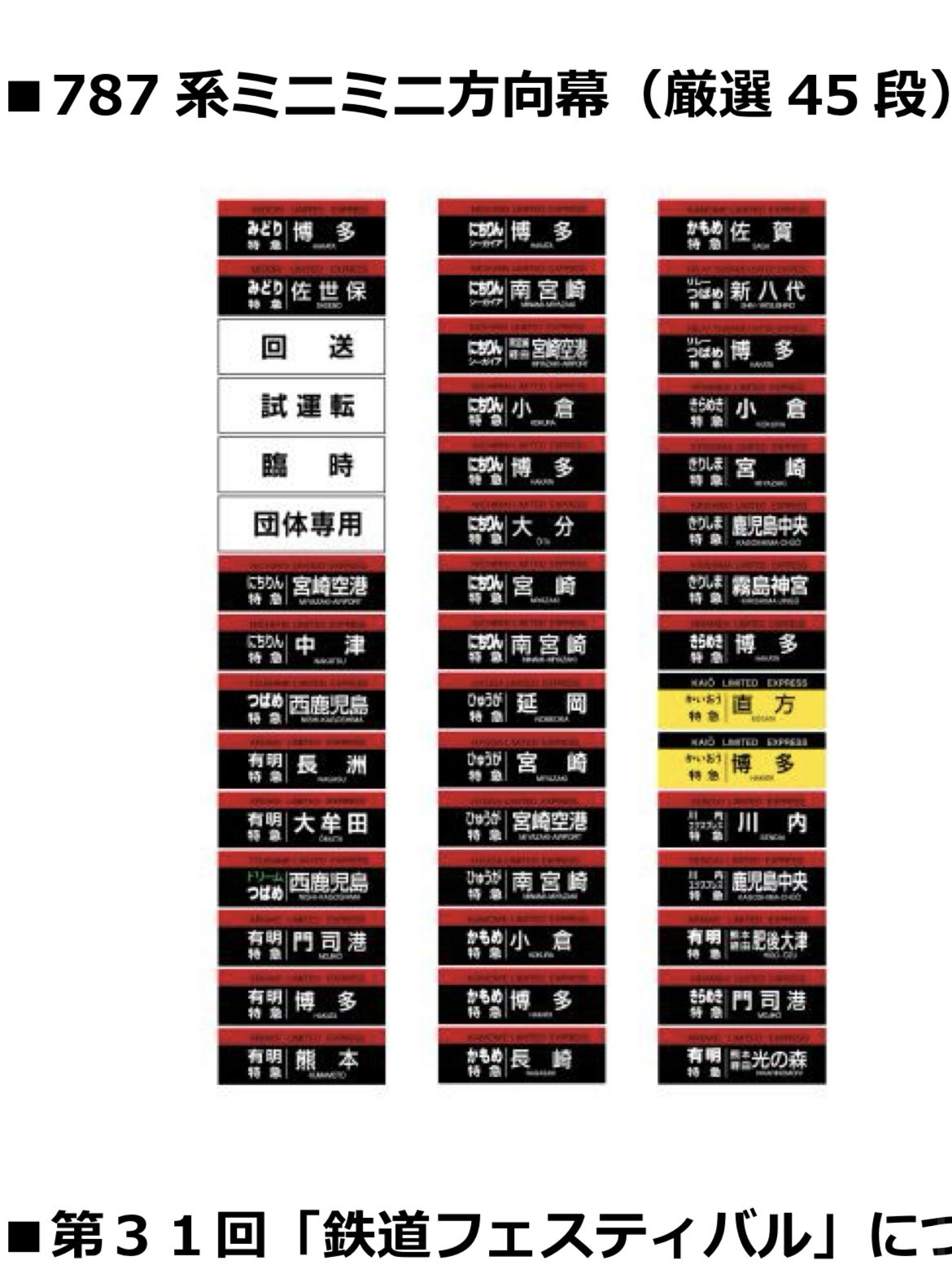 JR九州 ミニミニ方向幕 3個セット 787系 883系 キハ185 2026年