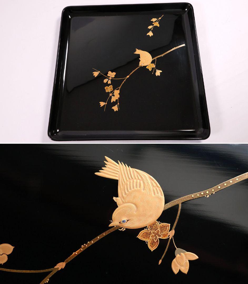 【MB204】天然木漆塗 花鳥絵替金蒔絵 黒塗卓上膳十客 四方膳 36.3cｍ