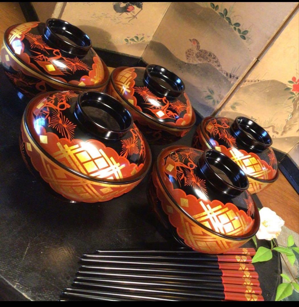 A1062 木製漆器 懐石道具 秀衡塗 椀 （丸三漆器）5客箸 5膳 揃え