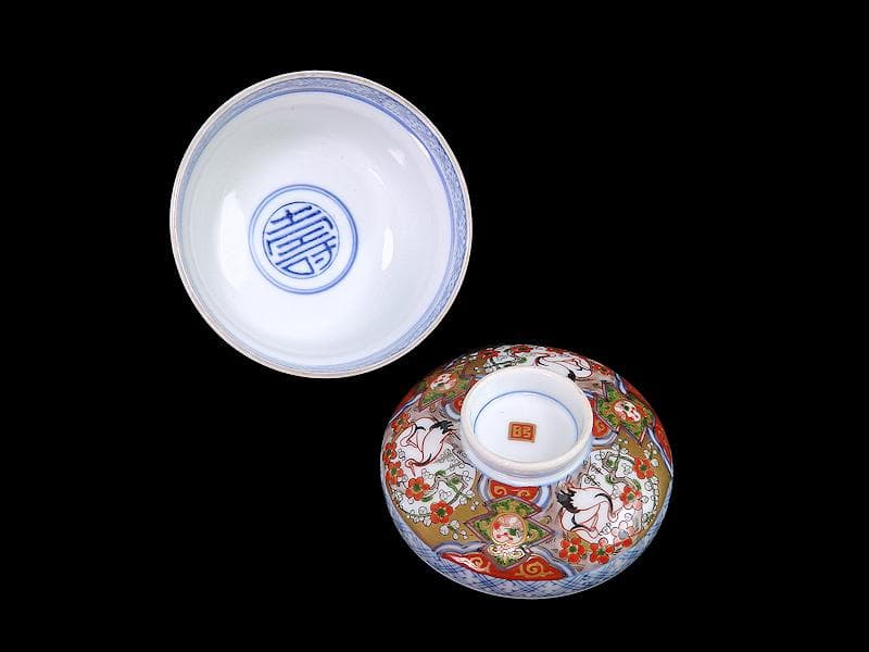 古伊万里 金襴手 双鶴に梅花の図 大振蓋茶碗 2客 D747AS-CHr - メルカリ