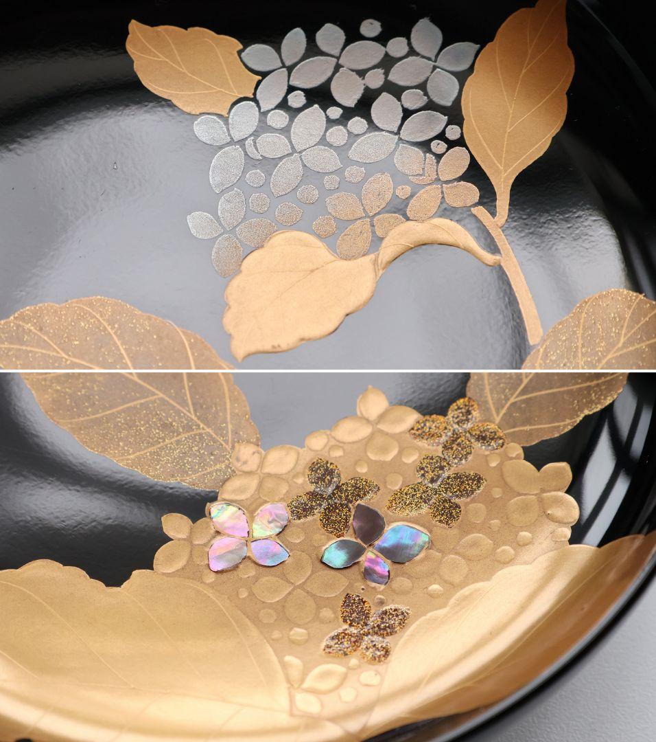 MB190】天然木漆塗 紫陽花と葵 金蒔絵 螺鈿入 黒塗 煮物椀 五客 昭和期