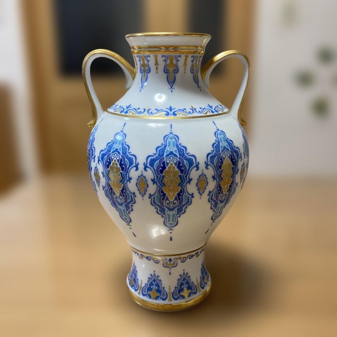 Noritake ノリタケ 花瓶 白磁 耳付花瓶 花器 ノリタケ オールドノリタケ 朱地白菊 花瓶 寸高首長 29.5cm : リビング