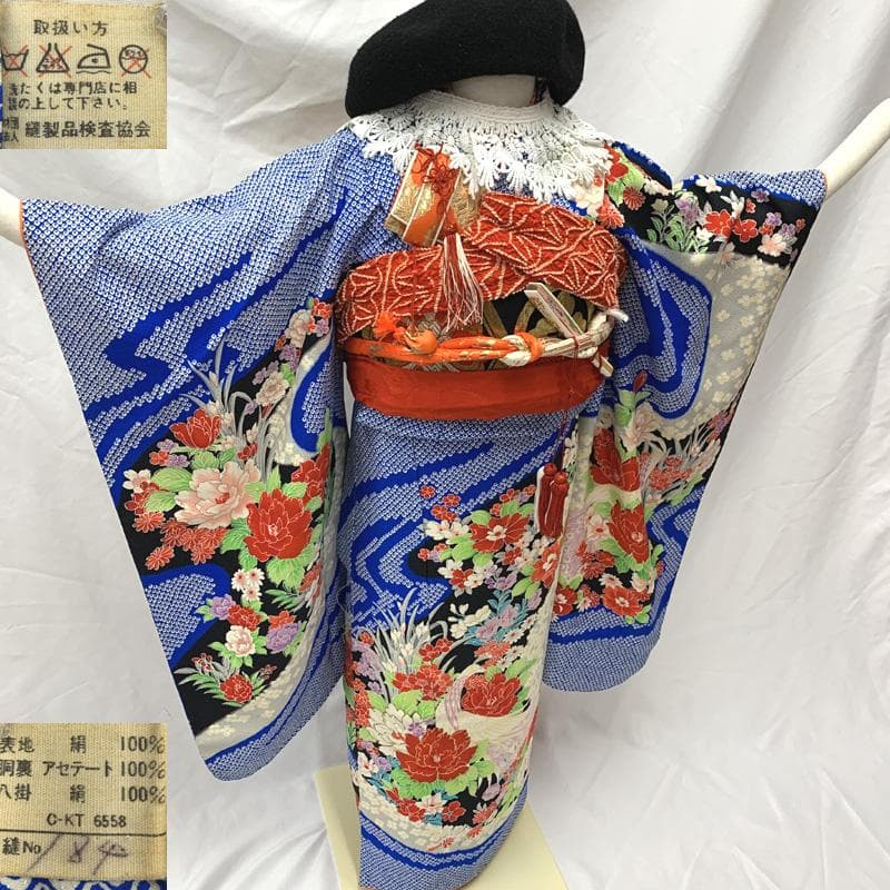 406ag60着物のみ□七五三 七歳 女児 着物&袋帯&長襦袢 総絞り風 青