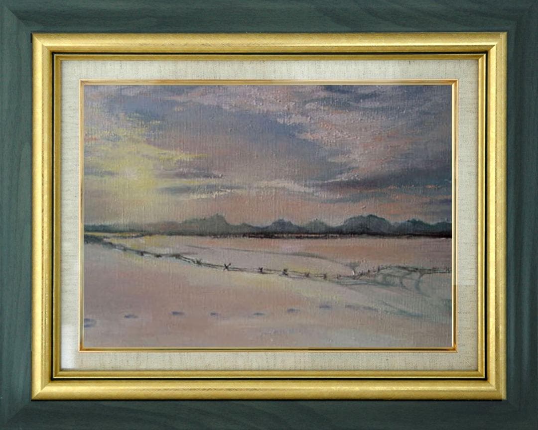 油絵 菅家令子 絵 絵画インテリア額付(青緑＋金色の枠)F6-030707雪風景 菅野矢一「北の海（積丹半島）〔財界さっぽろ表紙絵原画〕」油絵・P8号