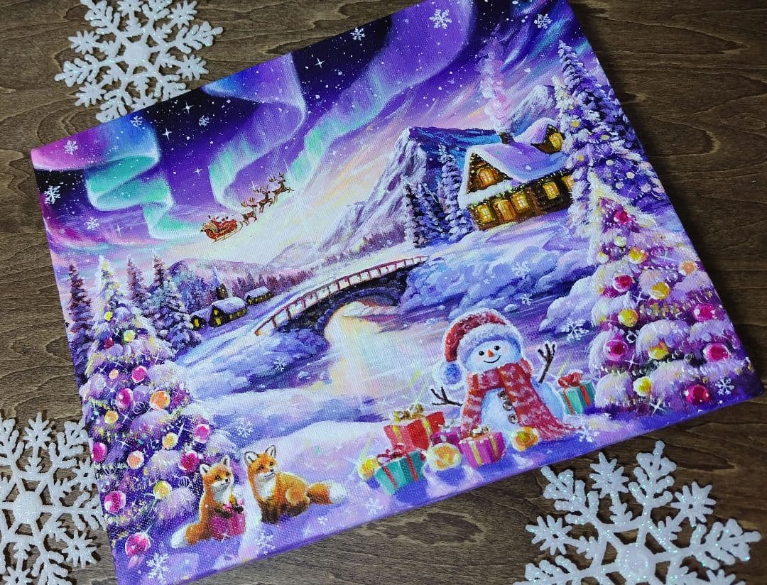 オーロラの煌めき】アクリル画 F3 風景画 絵画