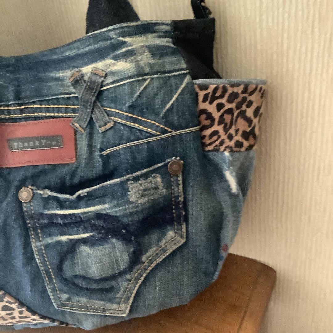 ハンドメイド リメイクデニム トートバッグ サイドポケット＆Dカン付き