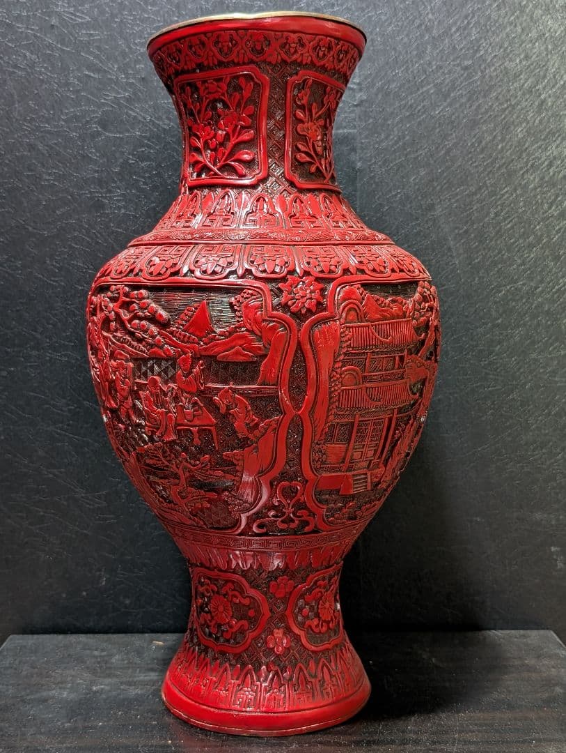 中国 美術 骨董 堆朱 壺 赤壺 工芸品 民芸品 彫刻 花柄 花瓶 花器