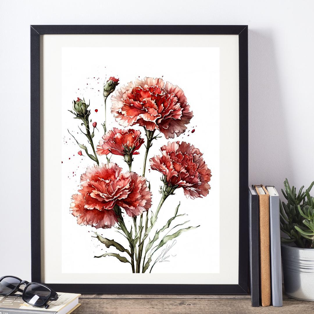 カーネーション 水彩画 赤い花 ボタニカル アートポスター Flower