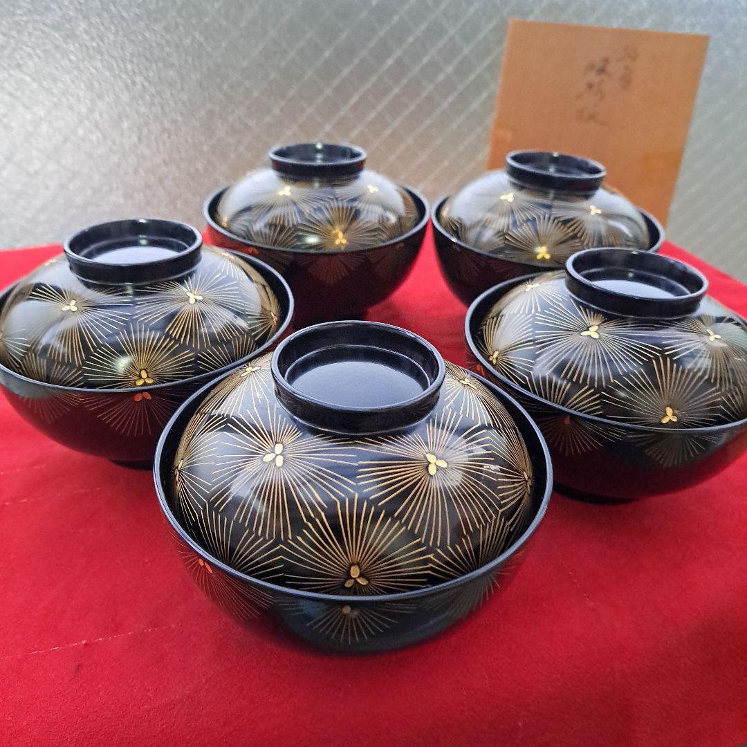 【輪島塗　御吸物椀×5客】布着本堅地　亀甲松\"沈金　長期保管品 勝雲作 輪島塗 宝相華蒔絵 瓢形 吸物椀 五客 平野優雅堂 極上本堅地