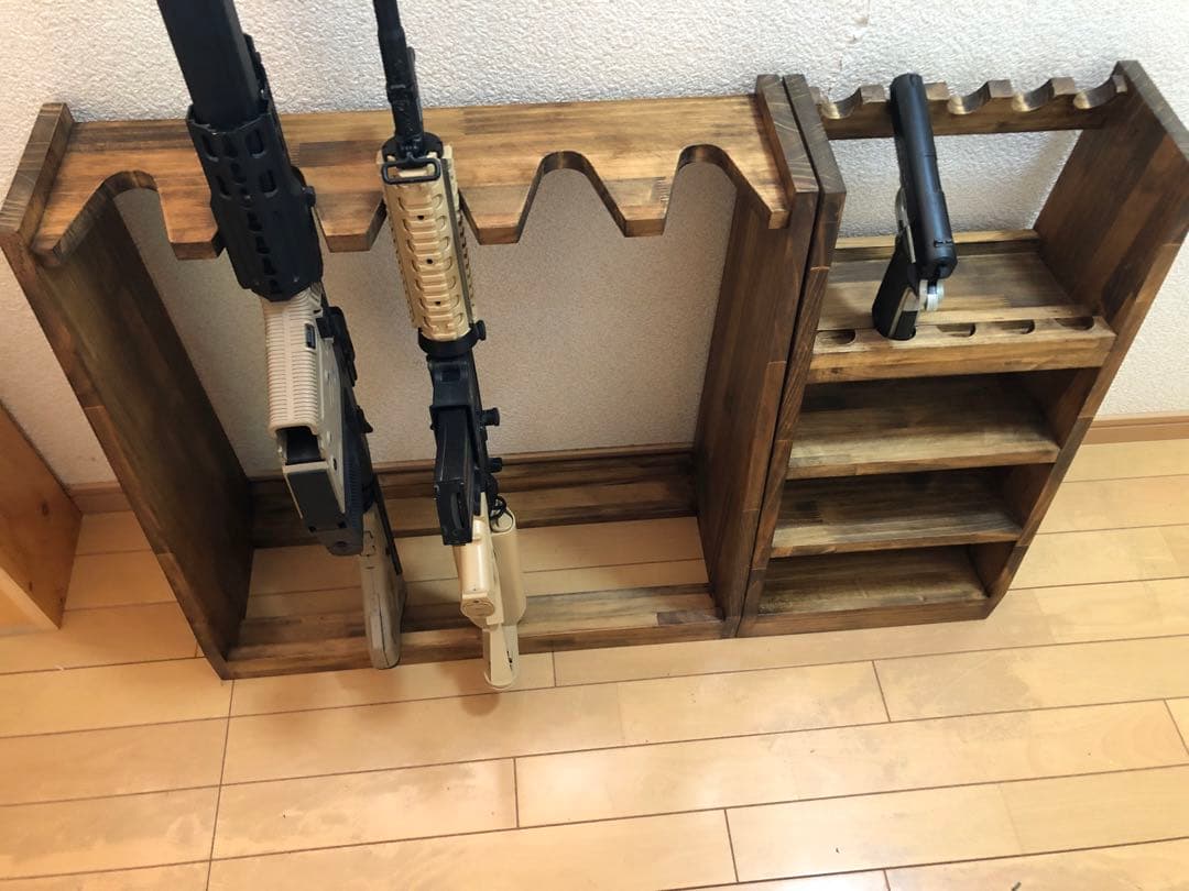 ガンラック　ハンドガン・ライフル銃用収納　木製ライフルスタンド2点セット WOODWORKS ガンラック 5丁掛 ( 色：ブラウン ) 木製 日本製