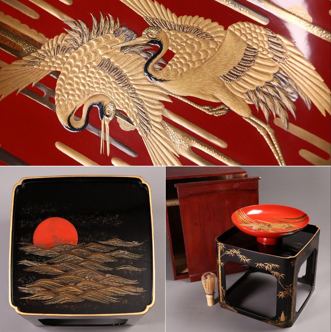 【MA806】時代 加賀蒔絵 日の出鶴 竹 金蒔絵 大盃・盃台 木製漆器 杯 波鶴蒔絵朱大盃 三友蒔絵盃台／ホームメイト