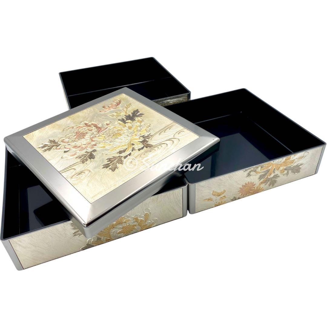 希少品】 彫金 三段重 共箱 説明栞付き 御重箱 重箱 純金 純銀 銅