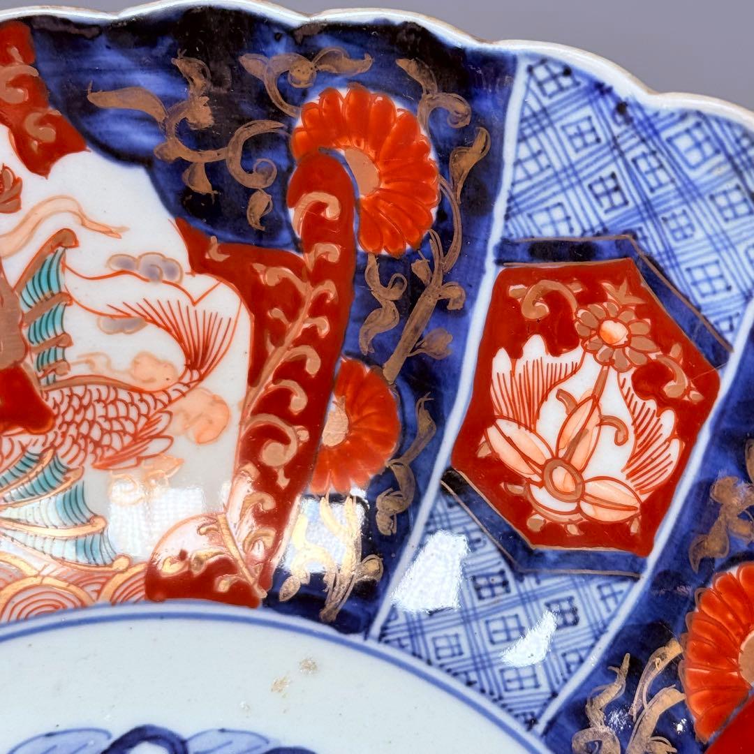 古伊万里 大聖寺伊万里 染錦三方龍仙人菊花型鉢 三ツ鉢揃い 黄仁覧図
