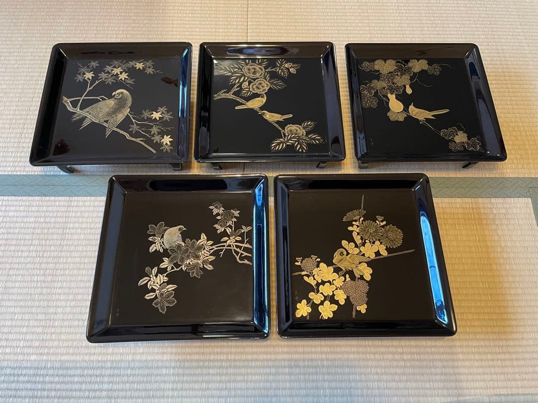 5点セット　脚付膳　お膳台　漆塗り　金　蒔絵　鳥　鷹　鶯　花　紅葉　もみじ　瓢箪 5点セット 脚付膳 お膳台 漆塗り 金 蒔絵 鳥 鷹 鶯 花 紅葉 もみじ