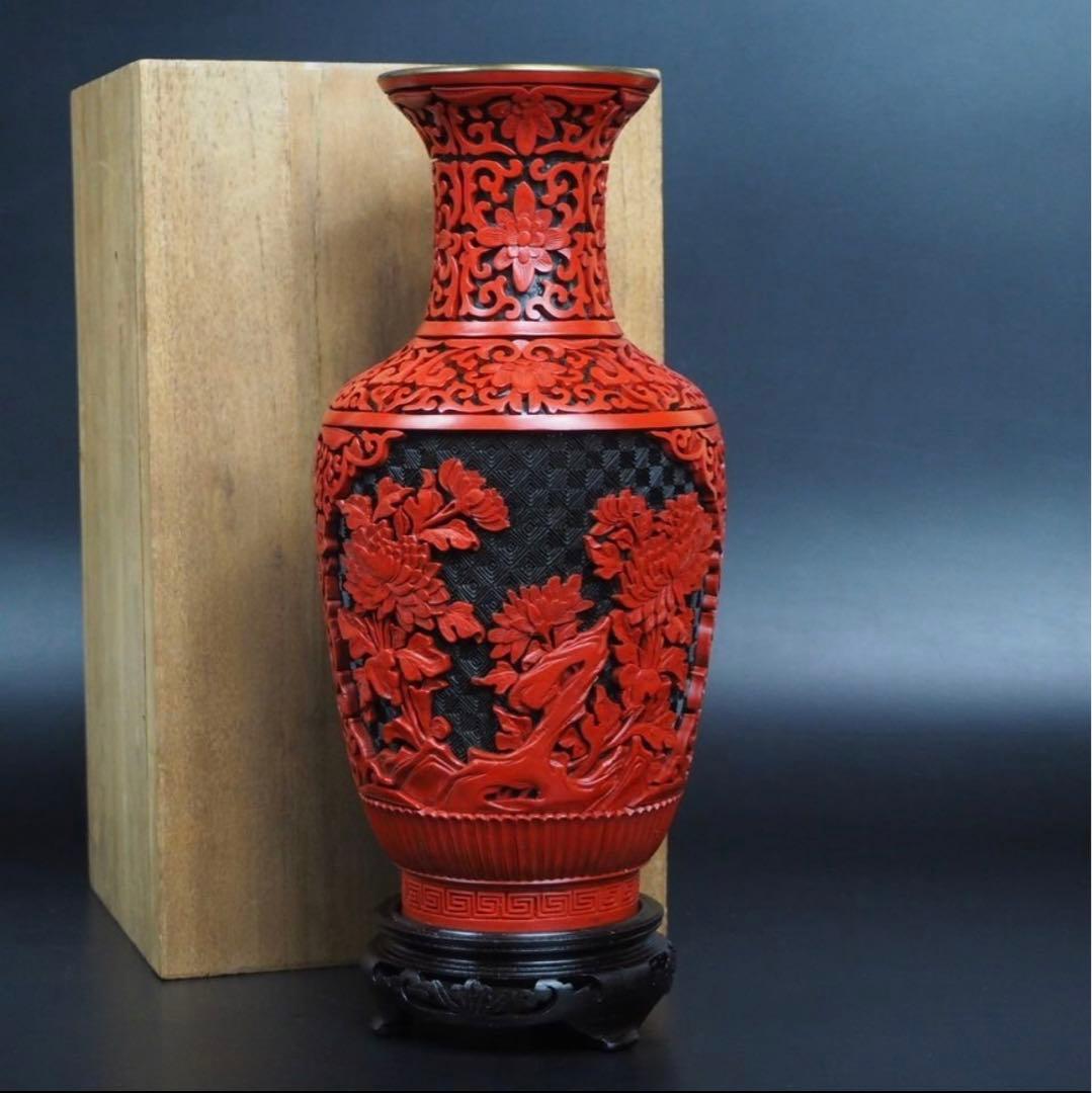 送料無料　極上高肉彫堆朱花瓶　台付　全高さ29ｃｍ　共箱　中国古玩骨董 2026年最新】堆朱 壺の人気アイテム - メルカリ