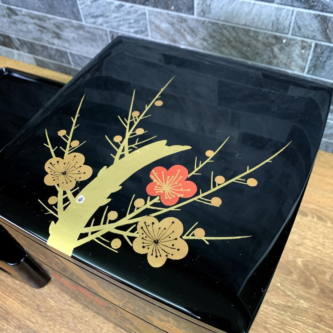 未使用 高級会津塗 台付き御重箱セット 蒔絵師 佐藤長悦作 松竹梅 螺鈿