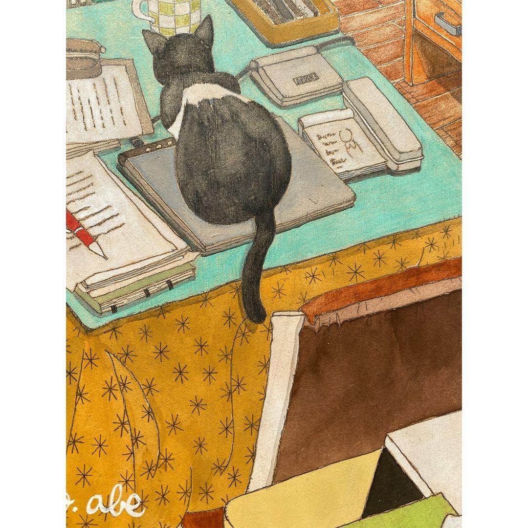 《送料無料》原画「こたつの猫」猫イラスト 水彩画