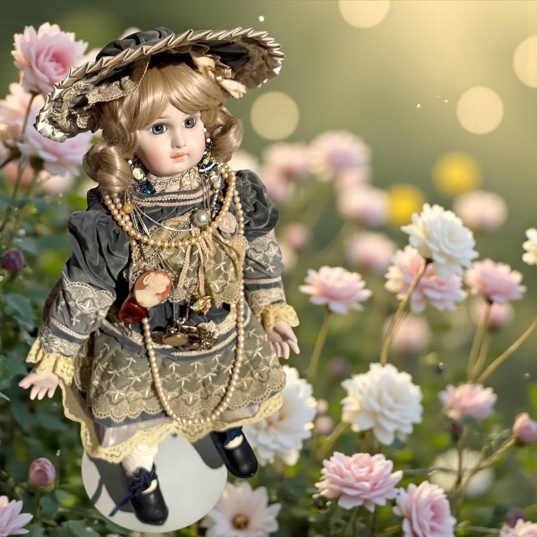 ビスクドール ジュモー ブルー ベルベットドレス ボネ バッグ カメオ