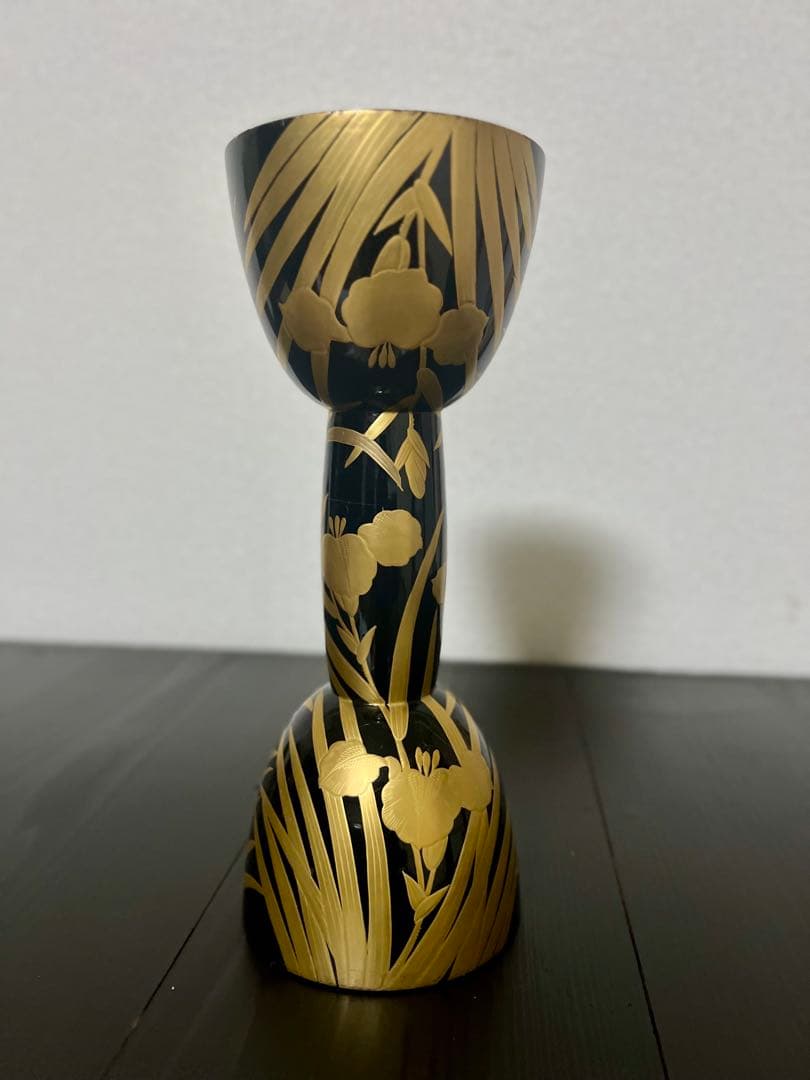 和楽器 鼓 黒地金色花柄 小鼓古胴 貝紋様蒔絵